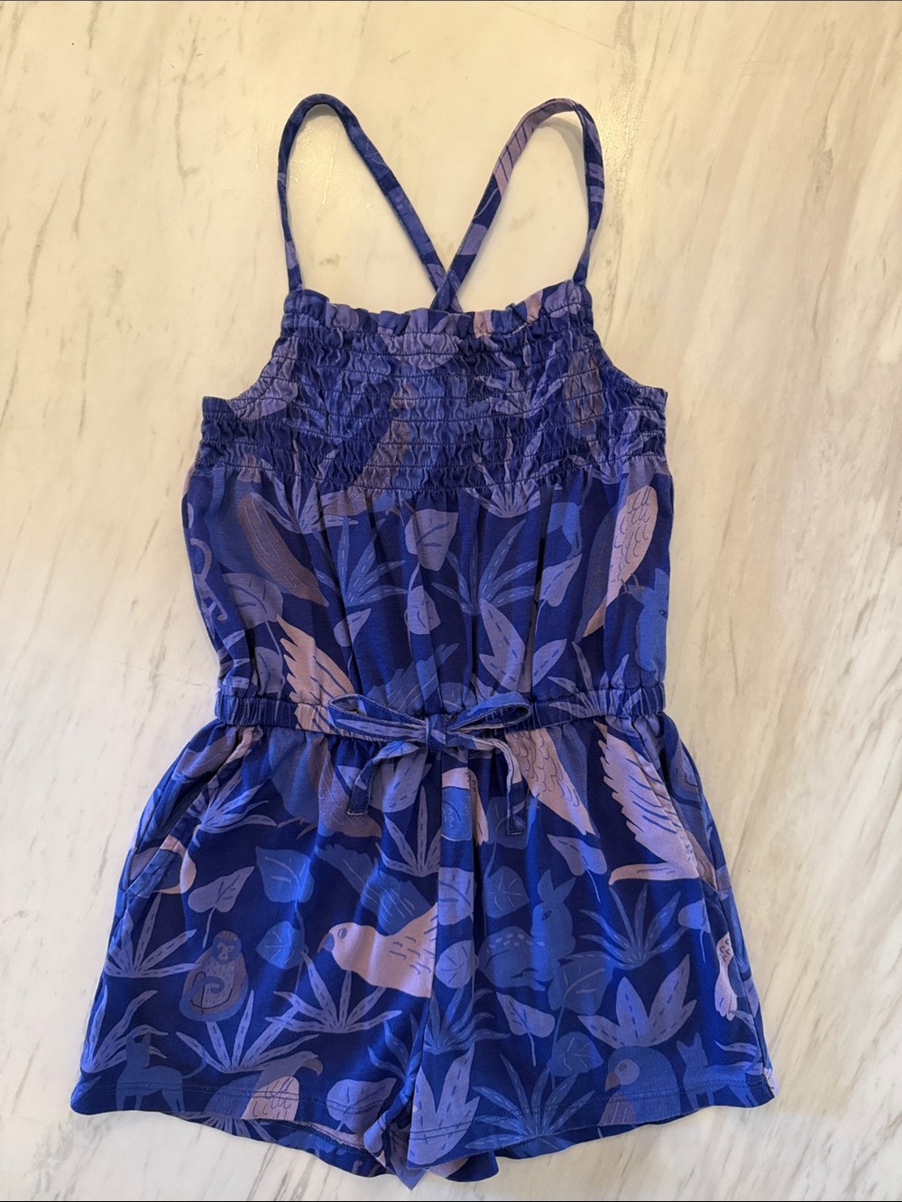 Tea Collection Girls' Purple-Blue Printed Romper - Sleeveless, Tie-Waist, Size 5